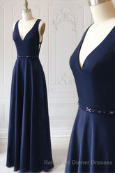Navy Blue V-neck Floor Length Simple Cute Long Semi Formal Prom Dresses